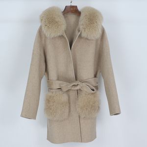OFTBUY Casaco de lã de caxemira mistura pele real jaqueta de inverno feminina gola de pele de raposa natural bolso solto agasalho cinto streetwear