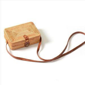 New-Satchel Square Straw Rattan Literary Hand Woven Leather Buckle Package Bohemia Beach Messenger Satchel