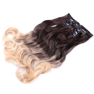 New Shanghair 22Inch Synthetic Long Curly Hair Straight Hairpiece Heat Resistant Hair Extension Set Clips In Ombre Brown Blond Women BS10A