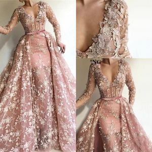 Plus Size Pink V Neck Lace Mermaid Evening Dresses Long Sleeves Applique Prom Gowns With Detachable Train Formal Dresses Evening W239U