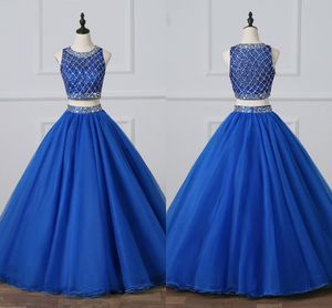 Prawdziwy obraz Dwa kawałek Prom Vestidos de Quinceanera 2021 Frezowanie Crystal Jewel Cap Sleeve A-Line Prom Dress 8th Grade Party Formalne Nowy wieczór