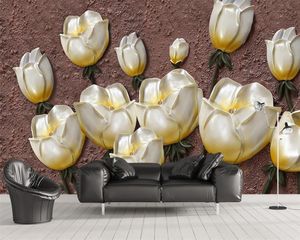 3D壁画の壁紙モダンな壁紙3Dリリーフゴールデンチューリップテレビソファーの背景の壁ロマンチックな花3Dの壁紙