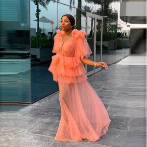 African Illusion Evening Dresses V Neck Half Sleeves Tiered Layers Tulle Prom Dress Cheap Maternity Photoshoot Vestidos