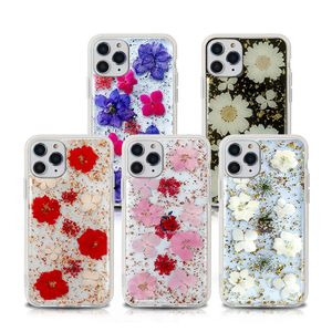 Mode Glittering Real Dry Flower TPU PC Cover Case för iPhone 11 12 Pro X Xs Max XR 6 7 8 Plus Case