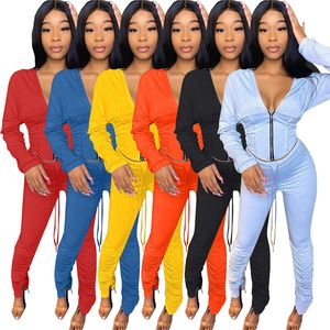 Women solid color outfits fall winter clothing two piece set long sleeve jacket stack pants casual black jogger suit gray tracksuits 3910
