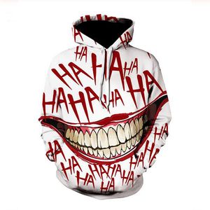 Halloween Clown Smile Män Hoodies Sweatshirts 3D Printed Funny Hip Hop Hoodies Novelty Streetwear Hooded Höst Jackor Tracksuits