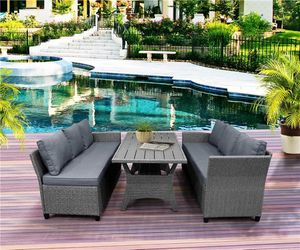 US STOCK Outdoor Garden Dining Table Set PE Rattan Wicker Conversation Set All-Weather Sectional Sofa Set Table & Soft Cushions SH000073AAE