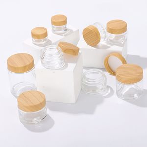Garrafa de jarra de creme de vidro transparente 5g 10g 15g 30g 50g 100g frascos cosméticos vazios com tampa de grão de madeira plástica