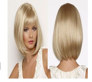 Hårjoy vita kvinnor syntetiska fulla peruker kort rakt bob frisyr blond höjdpunkter hår wig värmebeständig