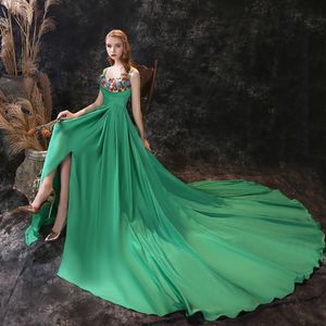 Eleganta kvällsklänningar One Shoulder Lace Satin High Side Split Prom Gowns 2020 Custom Made Sweep Train Special Occasion Dress