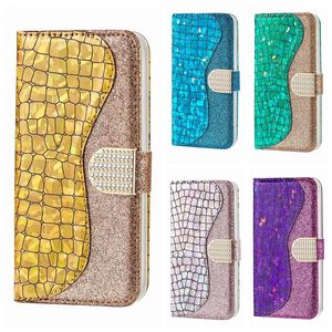 Crocodile Leather Wallet Falls för iPhone 14 Pro 13 12 11 XS Max XR X 8 7 6 5 Samsung Note 20 Bling Luxury Croco Snake Glitter Diamond Card Sparkle Sequin Cover Girls Pouch
