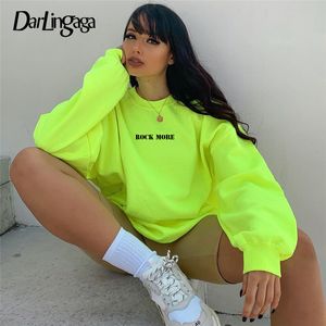 Darlingaga Streetwear Loose Neon Green Felpa da donna Pullover Lettera stampata Casual Felpe invernali Felpe con cappuccio Kpop Abbigliamento T200813