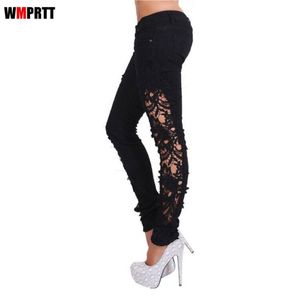 Women's Jeans 2021 Women Fashion Side Lace Hollow Out Skinny Denim Embroidery Hole Woman Pencil Pants Patchwork Trousers For
