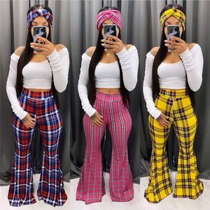 Vintage Women Plaid Pants Summer High Waisted Bell-Bottoms Flare Pants Female High Quality Ladies Office Fashion Casual Trousers 3 Colors