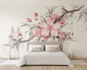 Özel Herhangi Boyut Duvar kağıdı Taze Suluboya Stil Pembe Kiraz Çiçeği TV Arkaplan Duvar Romantik Çiçek 3d Duvar kağıdı 3d