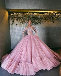 Gorgeous Puffy Evening Dresses Ball Gown Illusion Long Sleeves Beads Appliqued Formal Party Gown Custom Made Sweep Train Red Carpet Dress