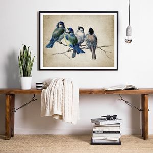 Blue Birds Poster Print Vintage Bird Illustration Wall Art Canvas Painting Large Bird Animal Picture for Living Room Home Decor