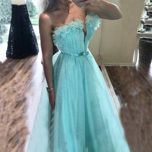 Mint Prom Dresses 2020 A line Long Tulle Gown Off Shoulder Evening Dress Flowers Girl Flowers Hem Formal Gown Bow Knot Belt Gown