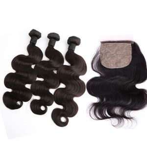 Brazylijski Ciało Wave Pakiet Włosów Z Silk Base Zamknięcie Nieprzetworzone Dziewiczy Human Hair Weaves Rozszerzenia Wątek Z Zamknięciem 4 sztuk / partia Bellahair