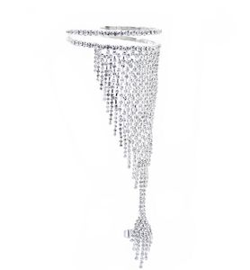 Bracciale rigido in cristallo di strass lucido alla moda con anello Gioielli Donna Ragazza Matrimonio Nuziale Catena a mano Argento