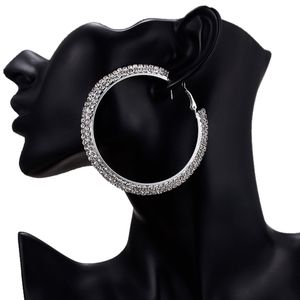 Luxury Crystal Full Rhinestone Stor Hoop Earring Classic Big Circle Huggies Silver Plated Fashion Örhängen för Kvinnor Smycken