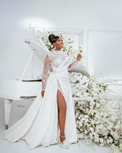 plus size arabic aso ebi sparkly beaded sexy wedding dresses high split bridal dresses long sleeves satin wedding gowns zj0533290N