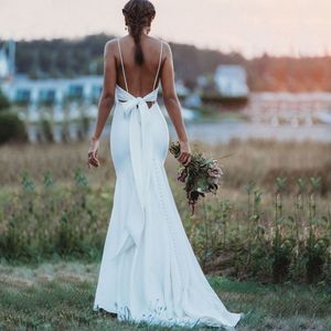 Zwykły Syrenka Syrenka Suknia Wieczorowa Proste Spaghetti Paski Sweetheart Bow Kępka Wstążka Kaplica Pociąg Open Back Bow Knot Suknia Bridal