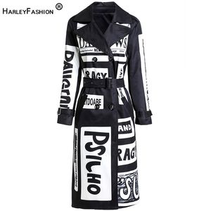 Women's Trench Coats 2022 Autumn Winter Women Long Coat Letters Printing High Street Stylish Graffiti Casual Quality Windbreaker