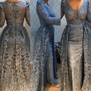 Sexy New Gray Dubai Arabic Mermaid Prom Dresses V Neck Long Sleeves Full Lace Crystal Beads Overskirts Formal Party Dress Evening Gowns