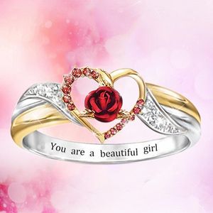 Isang 새로운 패션 실버 골드 두 톤 사랑 심장 반지 당신은 아름 다운 소녀 빨간 장미 애자 반지 발렌타인 쥬얼리 선물입니다.