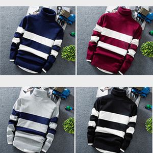 Fashion-Men Pullover Turtleneck sweater winter autumn Knitted Long-sleeved color-blocking striped sweater trendy youth slim style