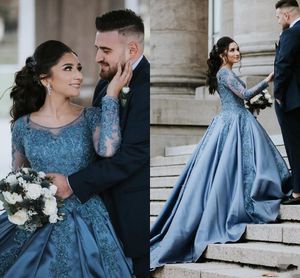 TEAL BLUE A-Line Quinceanera Dress Prom 2021 Illusion Aplikacja Długie Rękawy Koronki Zroszony Satin Bateau Sweet 16 Sukienka Damska Formalne Suknie