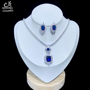 Earrings & Necklace ASNORA Shiny Cubic Zircon Wedding Jewelry Set Royal Blue Evening Dress Accessories X0825