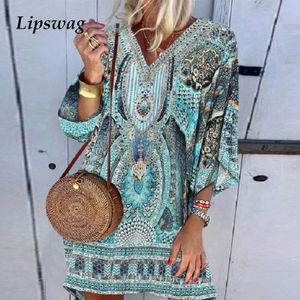 Vintage kvinnor lös strand klänning sommar sexig v nacke print mini klänning avslappnad mode höst batwing ärm party klänningar vestidos 200928