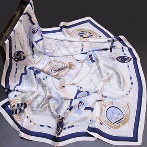 Silk Big Square Scarf Azul e Branco Sailing Sailing Boat Joker seda Lenço de seda Feminino Cachecol Moda