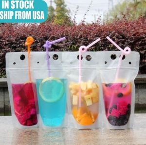 US stock Clear Drink Pouches Bags frosted Zipper Stand-up Plastic Drinking Bag with straw with holder Reclosable Heat-Proof