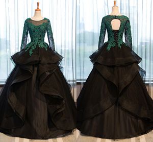 Applique Long Sleeve Ruffles Elegant Formal Dresses Evening Women New Green And Black Sweet 16 Girls Ball Gown Prom Dress 8th Grade Long