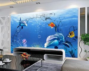 Carta da parati 3D Muro Bellissimo delfino Paesaggio marino Mondo sottomarino HD Sfondo Muro Decorativo in seta 3d Carta da parati murale