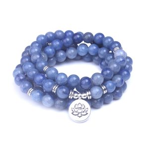 Гладкие синие бусины авенттурина 108 Mala браслеты натуральный камень с лотосом, Буддой, ом чармы женщин мужчин медитация ювелирные изделия