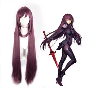 Fate/Grand Order Scathach Cosplay-Perücke, hochwertiges hitzebeständiges Kunsthaar, 110 cm lang, gerade, Anime-Perücke, lila, rot, Anime