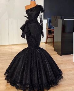 Saudi Sequined Black Prom Dresses One Shoulder Long Sleeve Evening Gowns Lace Robe De Soiree Arabic Couture Pageant Dress