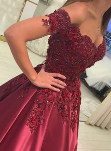 Burgundy Ball Gowns Prom Dress Strapless Off-the-Shoulder Long Evening Dress With Applique Satin lace Evening Gown