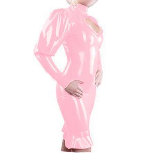 Plus storlek våt look keyhole front penna klänning kvinnor sexig latex pvc långärmad knä längd vestido nattklubb tillbaka dragkedja klänning