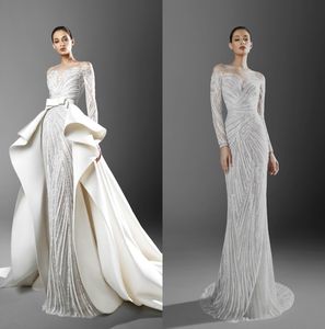 2021 Zuhair Murad 인어 웨딩 드레스 탈착식 열차 깎아 지른 넥 넥 긴팔 아플리케 신부 가운 플러스 사이즈 웨딩 드레스