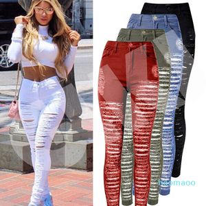 Горячие продажи-сексуальные женщины уничтожены разорванные джинсовые джинсы тощие отверстия брюки высокие талии стрейч джинсы тонкий карандаш брюки черный белый синий