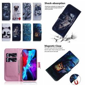 Capas carteira de couro animal para Moto G G200 G51 G71 G31 G41 G Power 2022 E20 Sony Xperia 10 III 5 1 L4 Flor Leão Panda Cão Lobo Tigre Gato Coruja de desenho animado Linda bolsa de capa flip