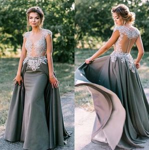 New Sheer Cap Sleeves Lace Mermaid Evening Dresses With Overskirt Sheer Crew Neck Lace Applique Beads Sweep Train Prom Gowns Formal Dress