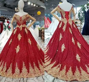 2021 Röd och guld spetsbollklänning Bröllopsklänningar Vestidos de Novia Beading Applique Crystal Off The Shoulder Lace-up Lyxig Bröllopsklänning