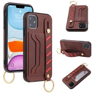 Wrist strap leather cases for iPhone 11 12 Mini 13 pro max 8 plus x xr xsmax card wallet mobile phone ca