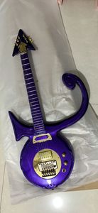 Custom Abstract Symbol Purple Rain Guitar Lila Metallisk Headstock Med Inbyggda Guldspjutare Matchande Elektrisk Gitarr